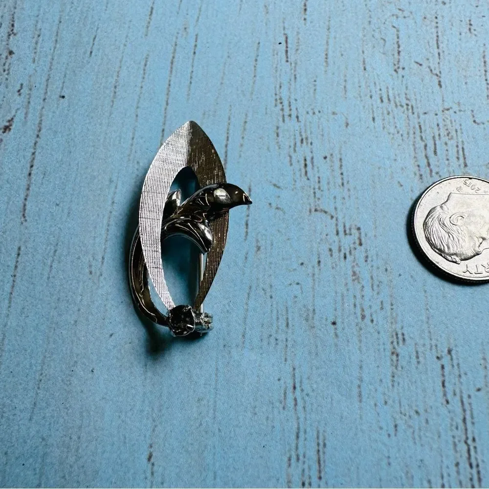 VTG Silver Leaf‎ Smoky Crystal Brooch
